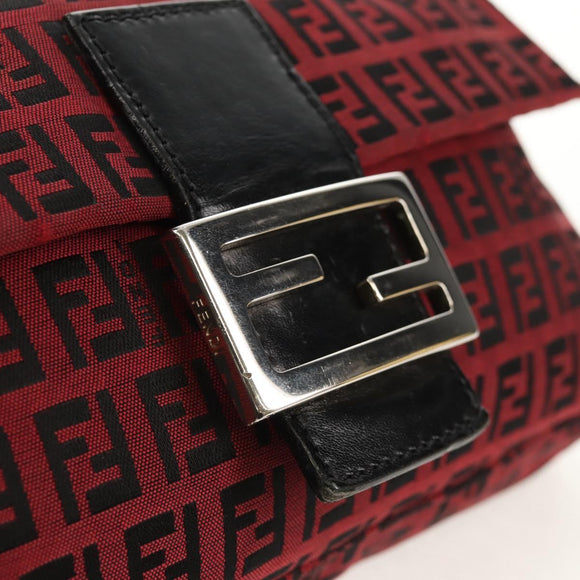 FENDI Zucchino Canvas Mamma Baguette Schultertasche Rot Silber Auth 150613V