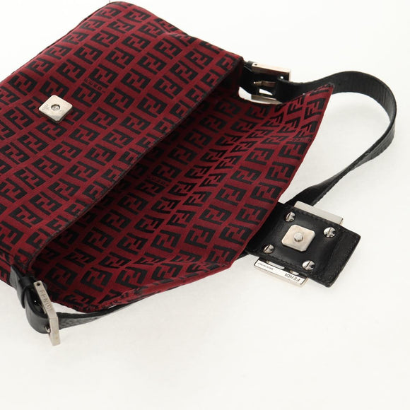 FENDI Zucchino Canvas Mamma Baguette Schultertasche Rot Silber Auth 150613V