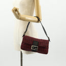 FENDI Zucchino Canvas Mamma Baguette Shoulder Bag Red Silver Auth 150613V-27