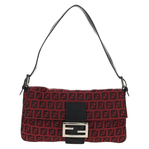 FENDI Zucchino Canvas Mamma Baguette Schultertasche Rot Silber Auth 150613V