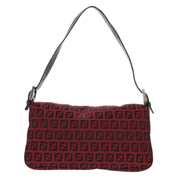FENDI Zucchino Canvas Mamma Baguette Shoulder Bag Red Silver Auth 150613V