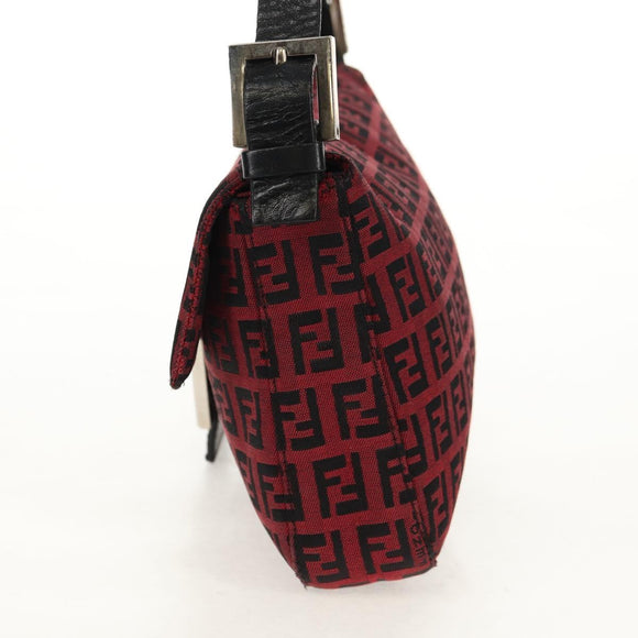 FENDI Zucchino Canvas Mamma Baguette Shoulder Bag Red Silver Auth 150613V