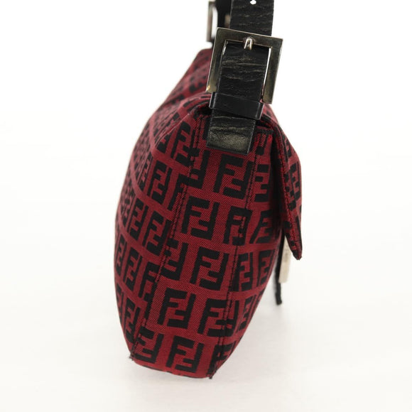 FENDI Zucchino Canvas Mamma Baguette Schultertasche Rot Silber Auth 150613V