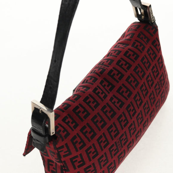 FENDI Zucchino Canvas Mamma Baguette Schultertasche Rot Silber Auth 150613V