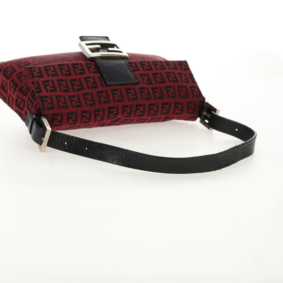 FENDI Zucchino Canvas Mamma Baguette Schultertasche Rot Silber Auth 150613V