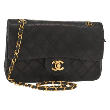 CHANEL Chain Double Flap Matelasse 23 Bag Leather Black Gold CC Auth 150616
