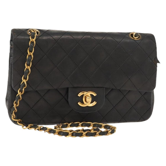 CHANEL Chain Double Flap Matelasse 23 Bag Leather Black Gold CC Auth 150616