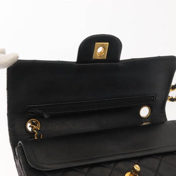 CHANEL Chain Double Flap Matelasse 23 Bag Leather Black Gold CC Auth 150616