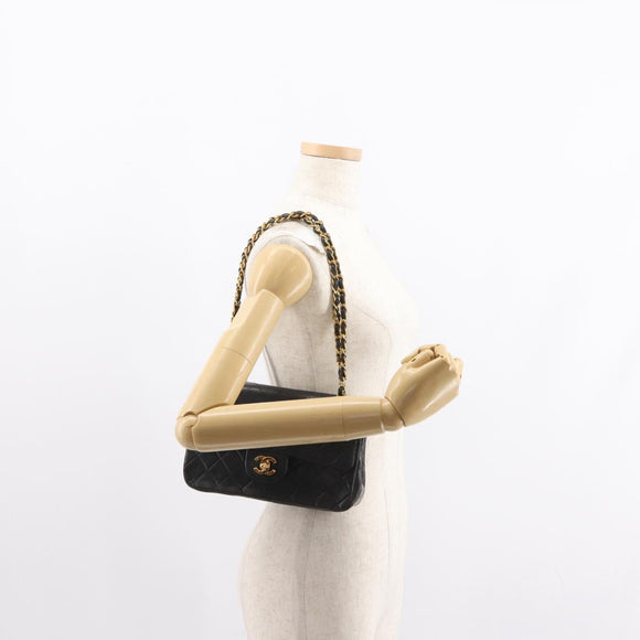 CHANEL Chain Double Flap Matelasse 23 Bag Leather Black Gold CC Auth 150616