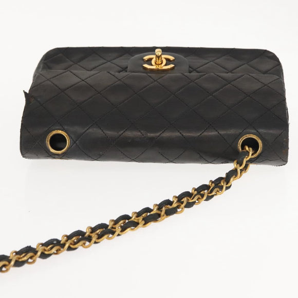 CHANEL Chain Double Flap Matelasse 23 Bag Leather Black Gold CC Auth 150616
