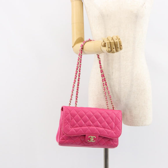 CHANEL Mini Matelasse Chain Shoulder Bag Lamb Skin Pink Gold CC Auth 150617