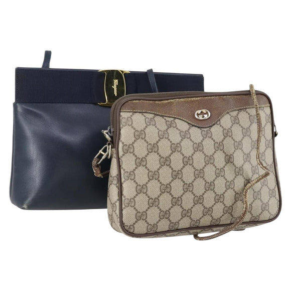 Salvatore Ferragamo Gucci GG Supreme Bag PVC Leather 2 Set Beige Navy Auth 150618