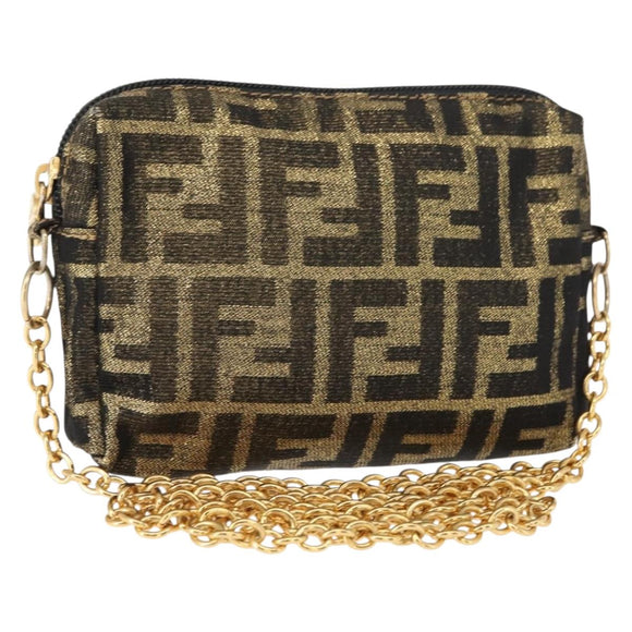 FENDI Zucca Canvas Chain Shoulder Bag Brown Black gold Auth 150754