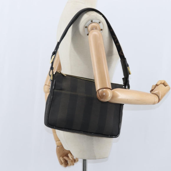 FENDI Pecan Canvas Shoulder Bag PVC Black Brown Auth 150756