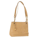 CHANEL Chain Shoulder Bag Caviar Skin Beige Gold CC Auth 150773-1
