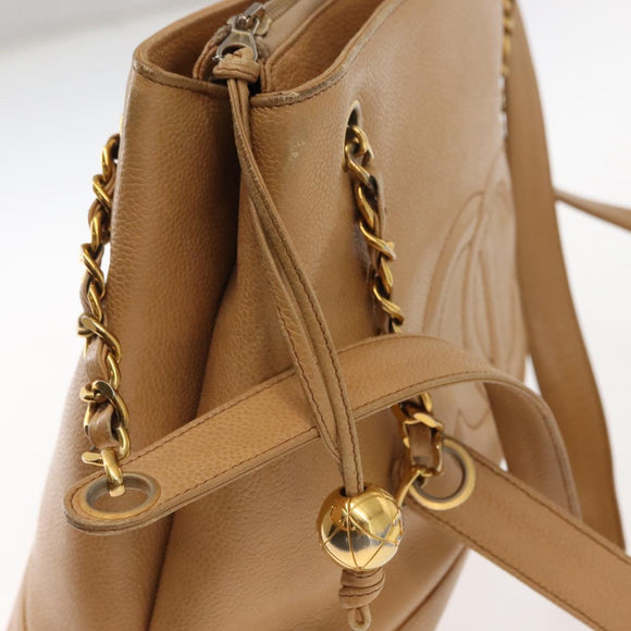 CHANEL Chain Shoulder Bag Caviar Skin Beige Gold CC Auth 150773