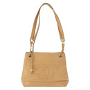 CHANEL Chain Shoulder Bag Caviar Skin Beige Gold CC Auth 150773-13