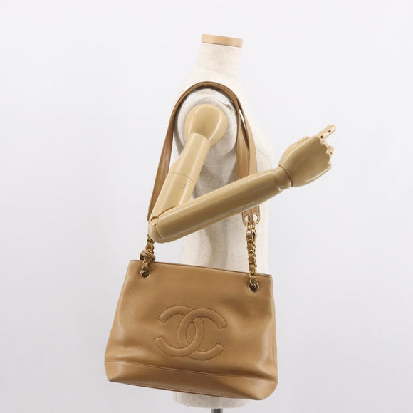 CHANEL Chain Shoulder Bag Caviar Skin Beige Gold CC Auth 150773