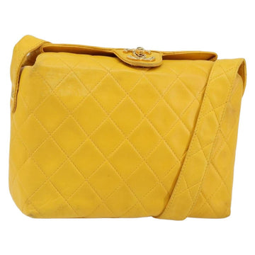 CHANEL Matelasse Shoulder Bag Lamb Skin Yellow Gold CC Auth 150813