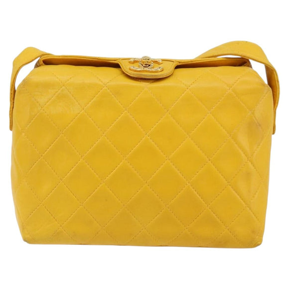 CHANEL Matelasse Shoulder Bag Lamb Skin Yellow Gold CC Auth 150813