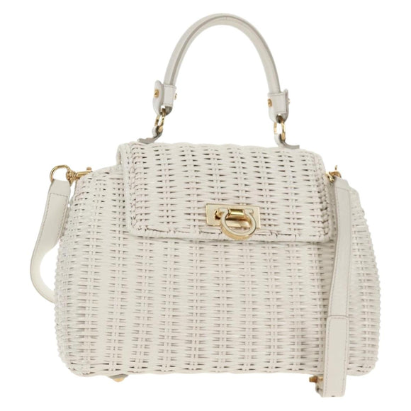 Salvatore Ferragamo Gancini Hand Bag Rattan 2way White Gold Auth 150815AV