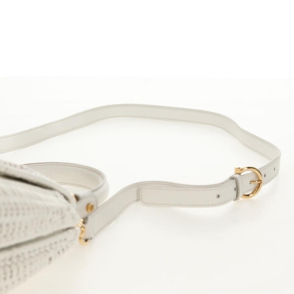Salvatore Ferragamo Gancini Hand Bag Rattan 2way White Gold Auth 150815V