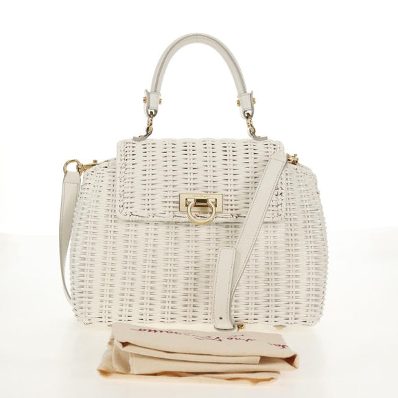 Salvatore Ferragamo Gancini Hand Bag Rattan 2way White Gold Auth 150815AV
