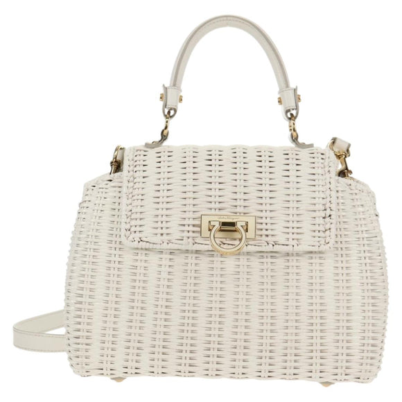 Salvatore Ferragamo Gancini Hand Bag Rattan 2way White Gold Auth 150815V