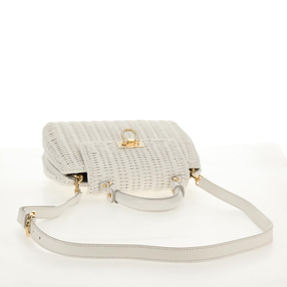 Salvatore Ferragamo Gancini Hand Bag Rattan 2way White Gold Auth 150815V