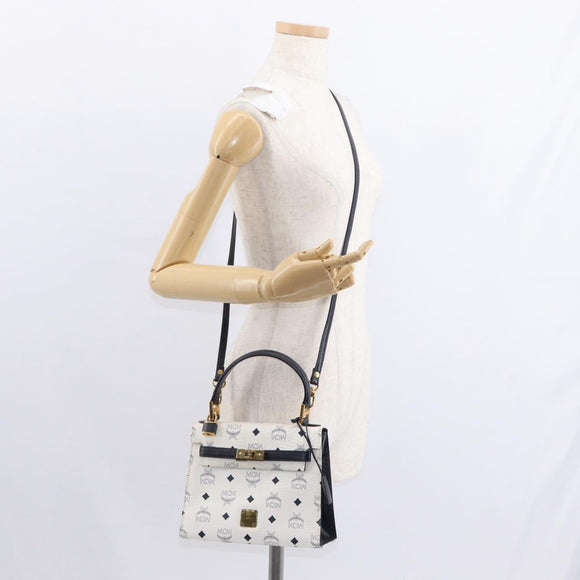 MCM Logogram Vicetos Hand Bag PVC Leather 2way White Gold Auth 150837