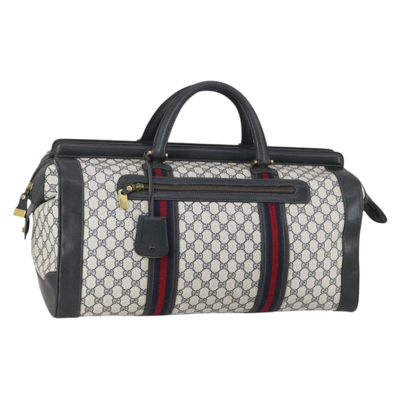 GUCCI GG Supreme Sherry Line Boston Bag PVC Navy Gold Auth 150841