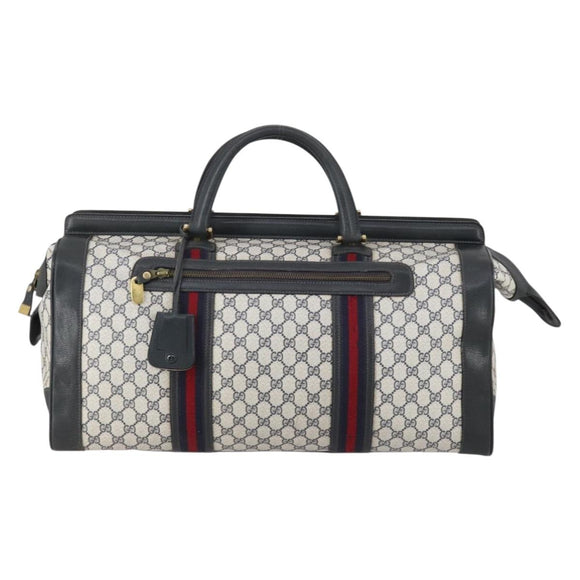 GUCCI GG Supreme Sherry Line Boston Bag PVC Navy Gold Auth 150841