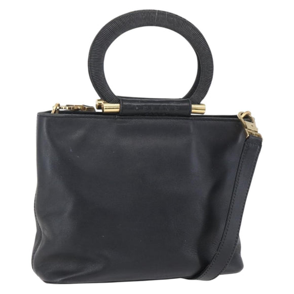 CELINE Hand Bag Leather 2way Black Gold Auth 150847