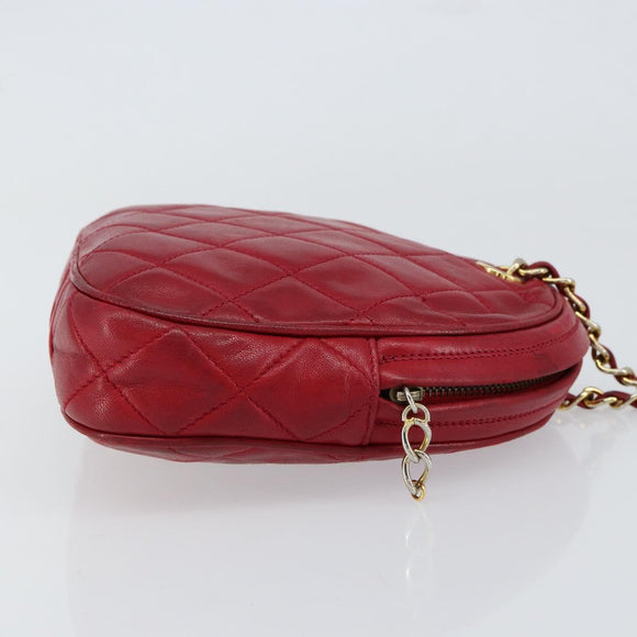 CHANEL Matelasse Chain Hand Bag Lamb Skin Red Gold CC Auth 150849