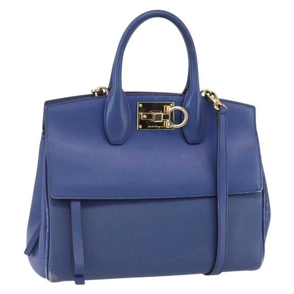 Salvatore Ferragamo Gancini Hand Bag Leather 2way Blue Gold Auth 150875