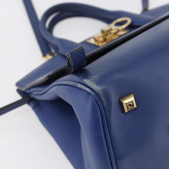 Salvatore Ferragamo Gancini Handtasche Leder 2-Wege Blau Gold Original 150875