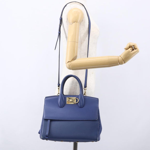 Salvatore Ferragamo Gancini Handtasche Leder 2-Wege Blau Gold Original 150875