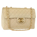 CHANEL Matelasse 34 Chain Shoulder Bag Satin Beige Gold CC Auth 150935-1