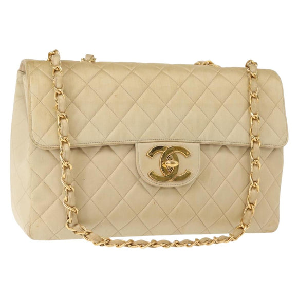 CHANEL Matelasse 34 Chain Shoulder Bag Satin Beige Gold CC Auth 150935