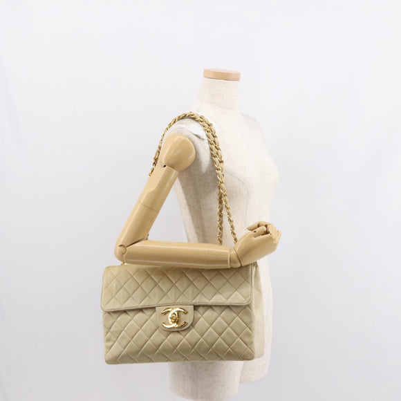 CHANEL Matelasse 34 Chain Shoulder Bag Satin Beige Gold CC Auth 150935