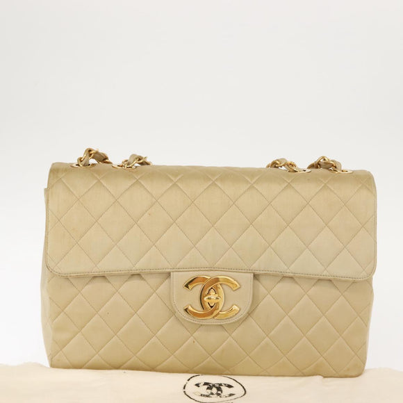 CHANEL Matelasse 34 Chain Shoulder Bag Satin Beige Gold CC Auth 150935