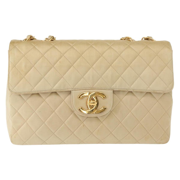 CHANEL Matelasse 34 Chain Shoulder Bag Satin Beige Gold CC Auth 150935