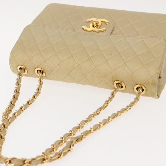 CHANEL Matelasse 34 Chain Shoulder Bag Satin Beige Gold CC Auth 150935
