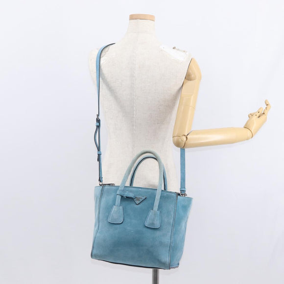 PRADA Hand Bag Suede 2way Turquoise Blue Silver BN2625 Auth 150950