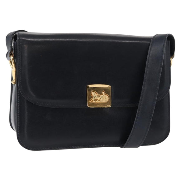 CELINE Horse Carriage Shoulder Bag Leather Navy Gold Auth 150952