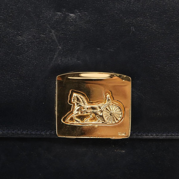 CELINE Horse Carriage Shoulder Bag Leather Navy Gold Auth 150952