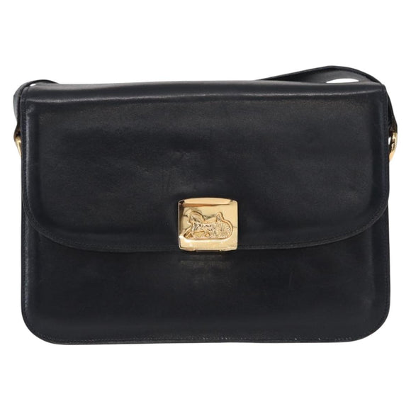 CELINE Horse Carriage Shoulder Bag Leather Navy Gold Auth 150952