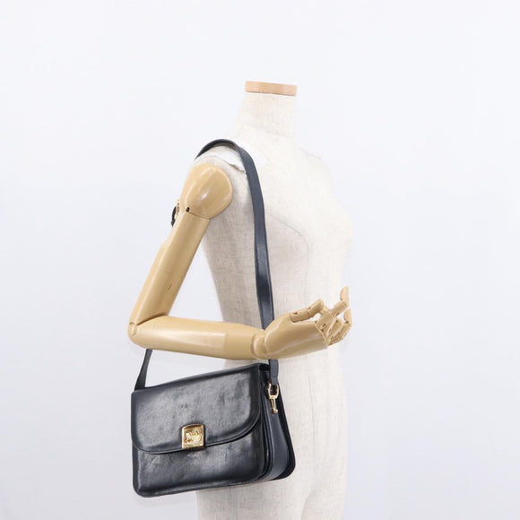 CELINE Horse Carriage Shoulder Bag Leather Navy Gold Auth 150952