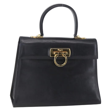 Salvatore Ferragamo Gancini Hand Bag Leather Gold Black Auth 150953
