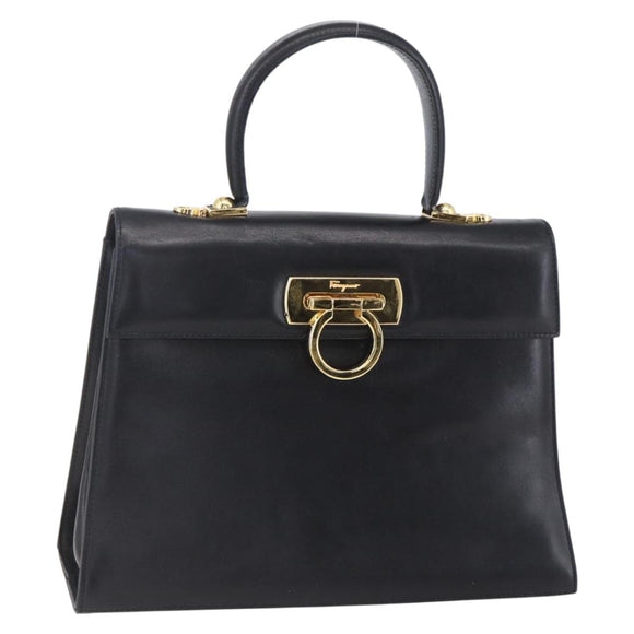 Salvatore Ferragamo Gancini Hand Bag Leather Gold Black Auth 150953